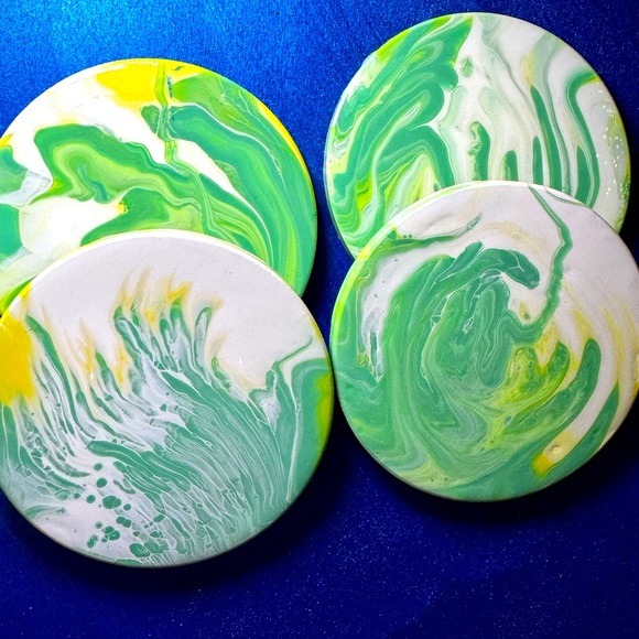 4 COASTERS  Green, White and Yellow Acrylic and resin shine finish - Picture 2 of 8